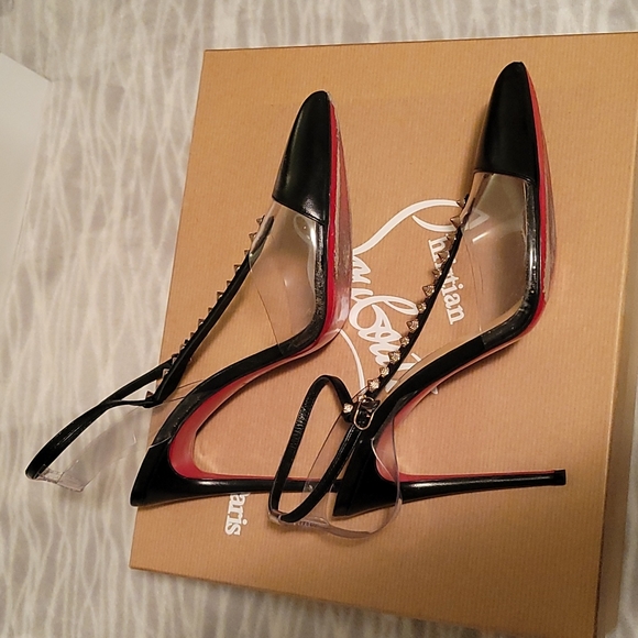 Christian Louboutin Nosy Spikes 100 KID/PVC VERS BLACK/GOLD/ROSE size 38 - Picture 4 of 7